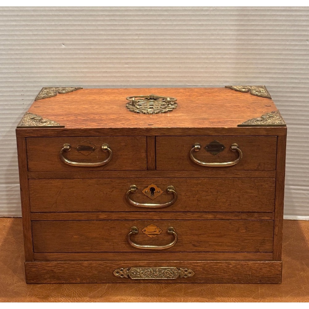 Vintage Japanese Wood JewelryChest 4 Drawer Tansu Box Brass Hardware purple Line